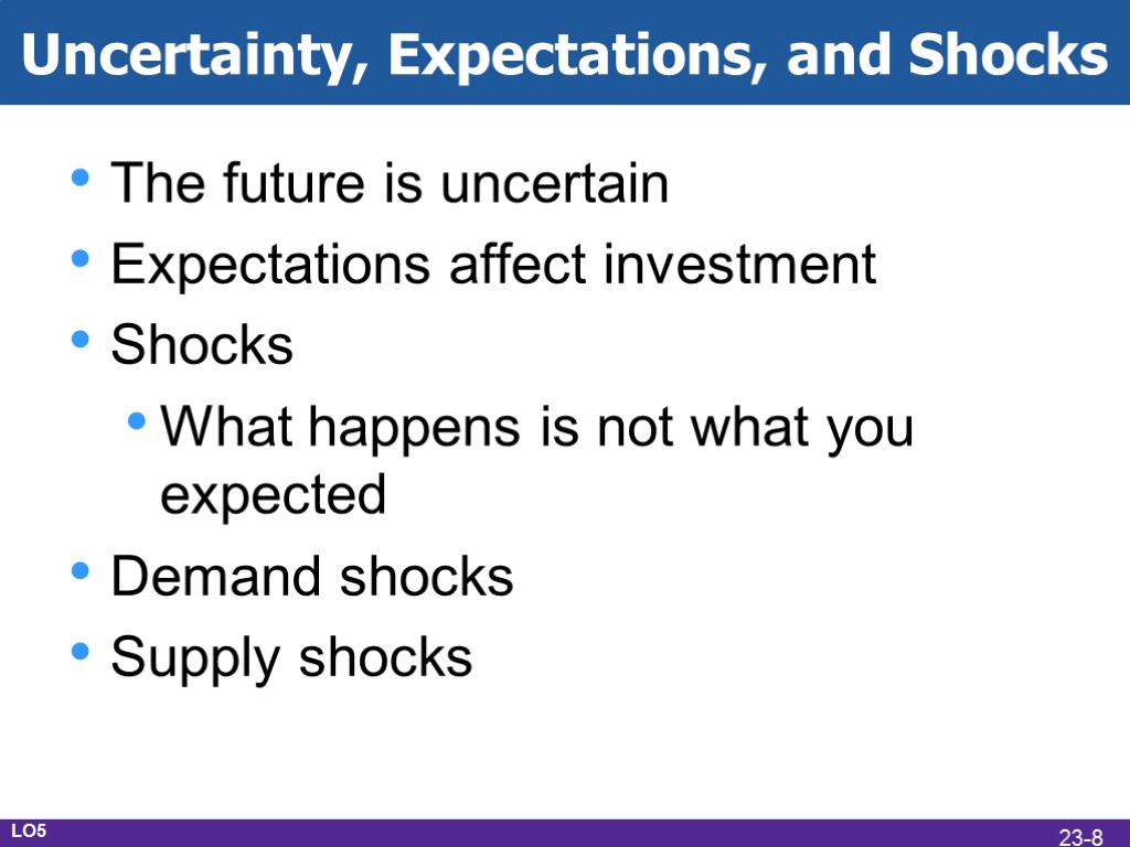 Uncertainty, Expectations, and Shocks The future is uncertain Expectations affect investment Shocks What happens